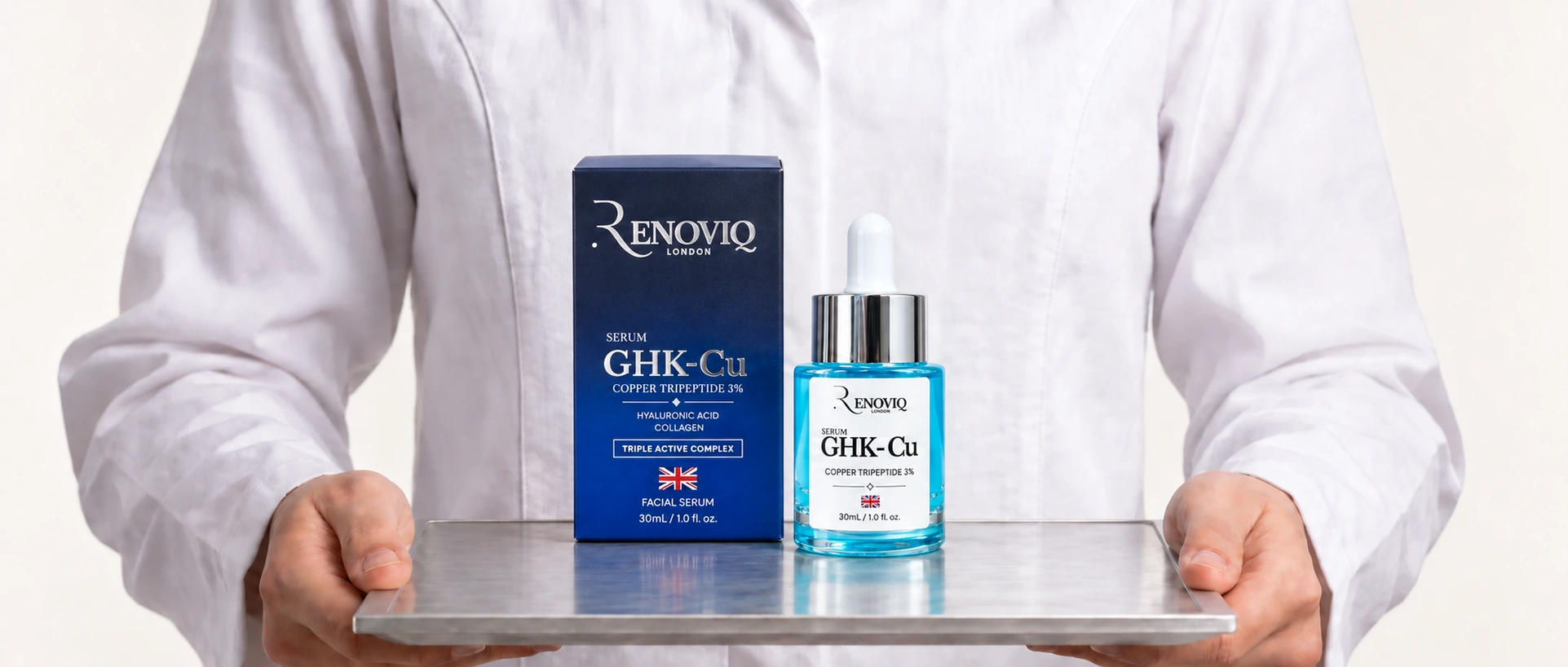 Renoviq GHK-Cu serum presented on a steel tray