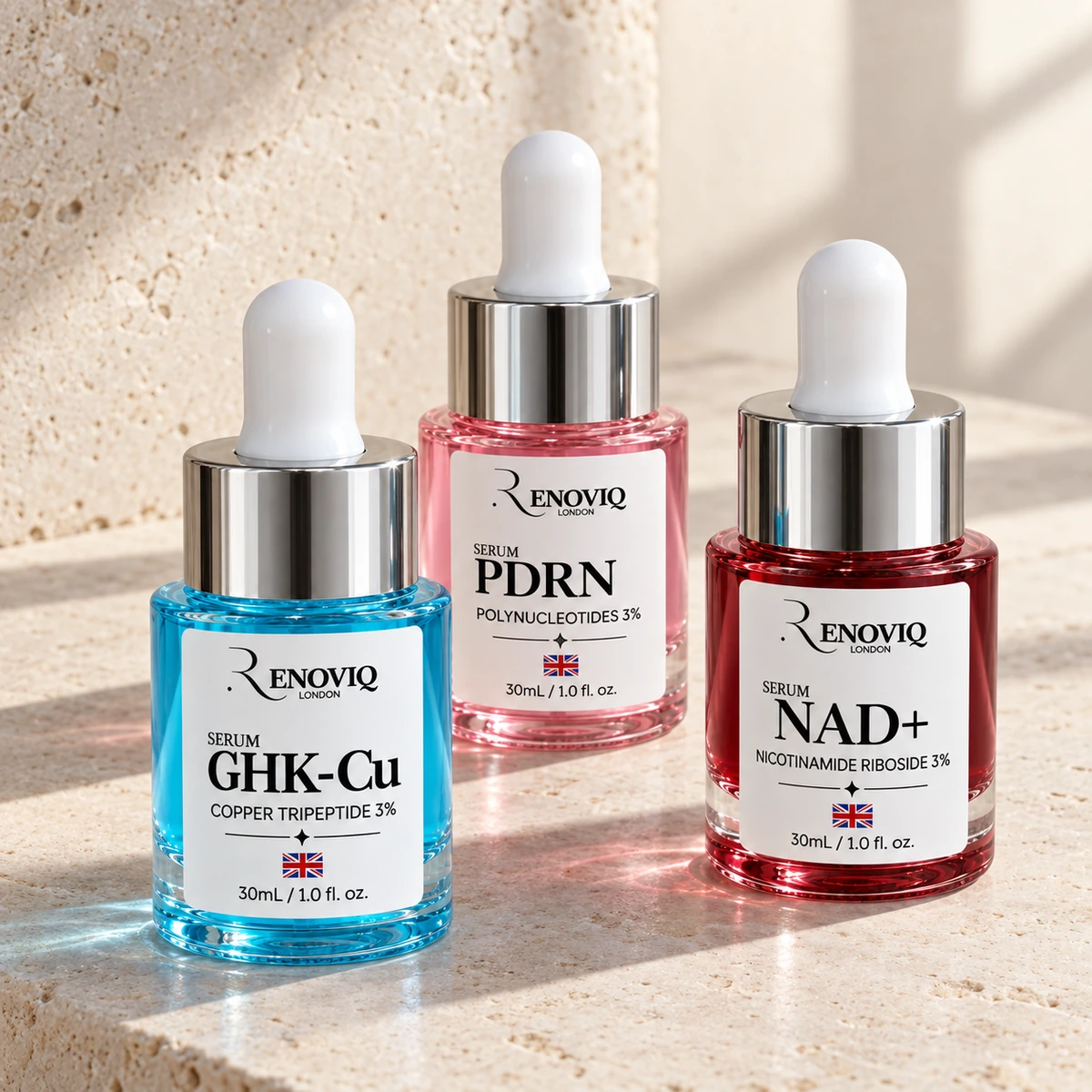Renoviq GHK-Cu, PDRN and NAD+ serums in natural window light